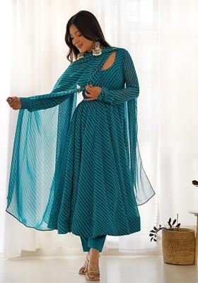 Teal Blue Printed Faux Georgette Kurta Set