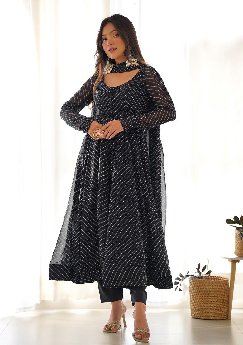 Black Printed Faux Georgette Kurta Set - Indya