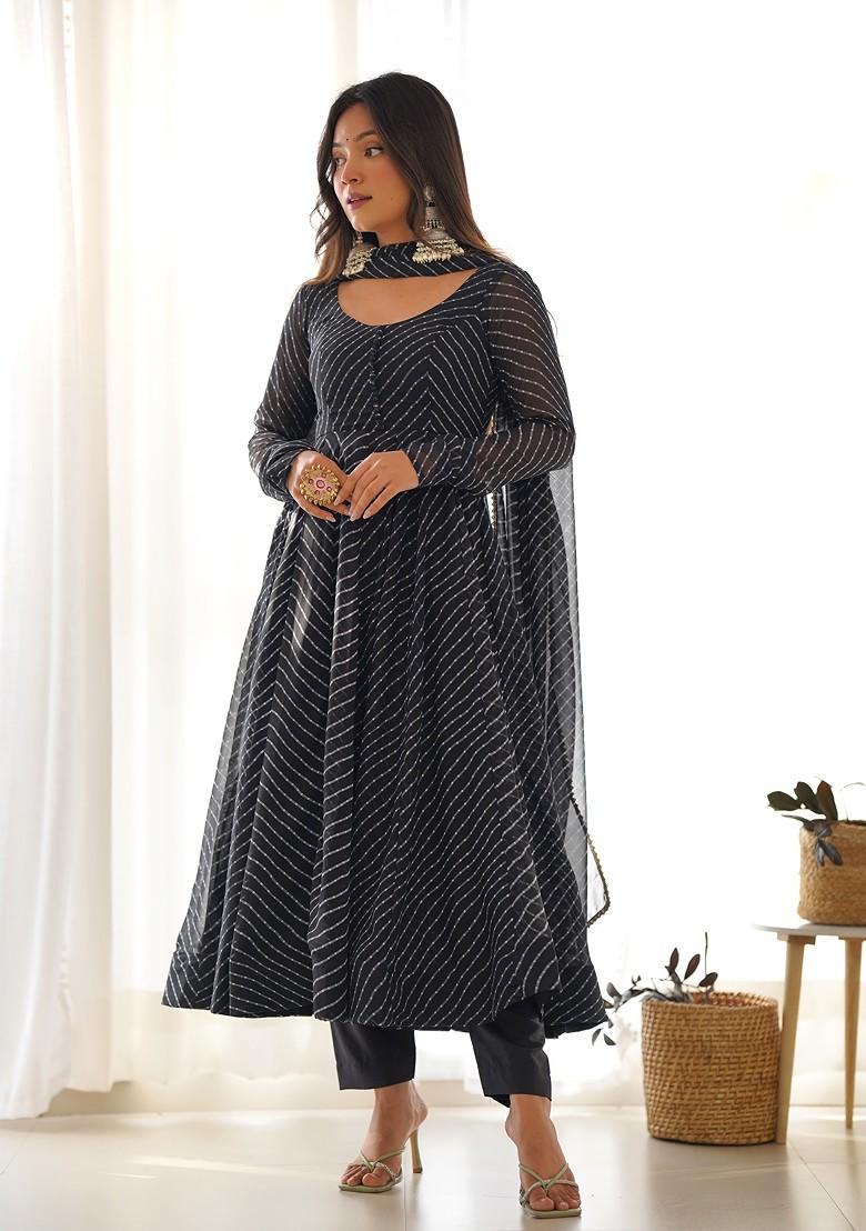 Black Printed Faux Georgette Kurta Set - Indya