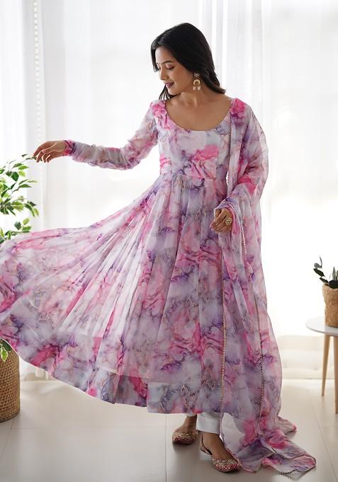 Pink Printed Organza Silk Kurta Set