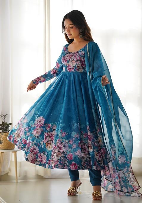 Dark Blue Digital Print Organza Silk Kurta Set