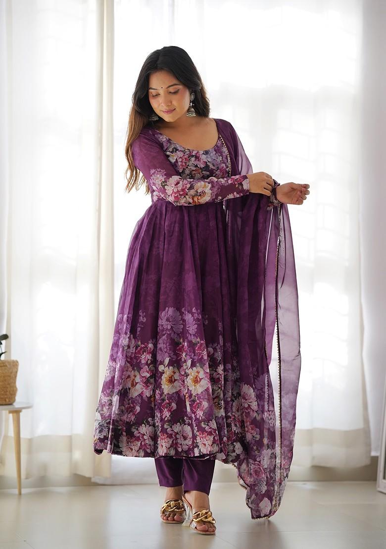 Maroon Digital Print Organza Silk Kurta Set