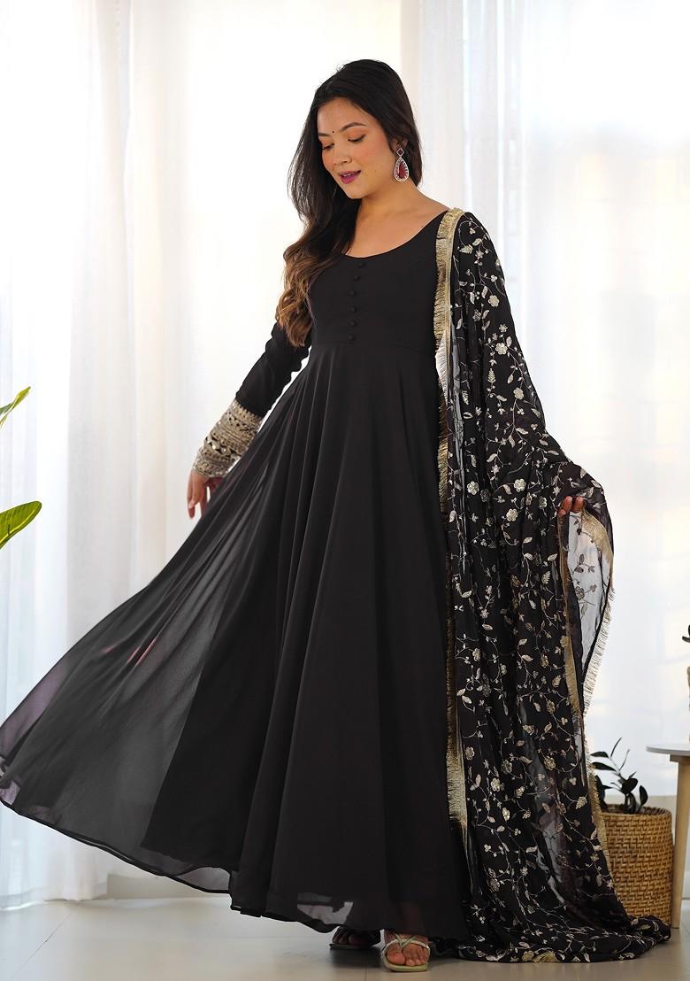 Black Solid Faux Georgette Kurta Set