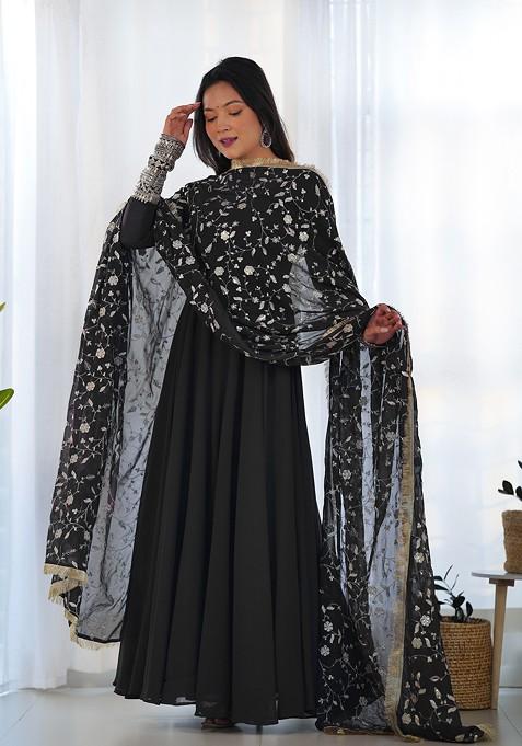 Black Solid Faux Georgette Kurta Set