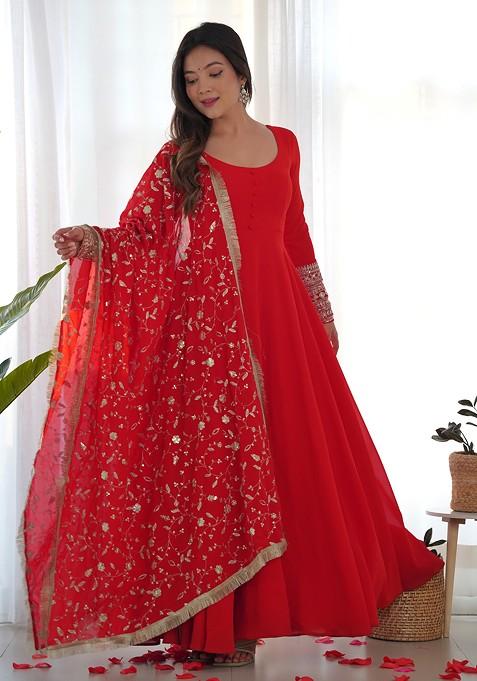 Red Solid Faux Georgette Kurta Set