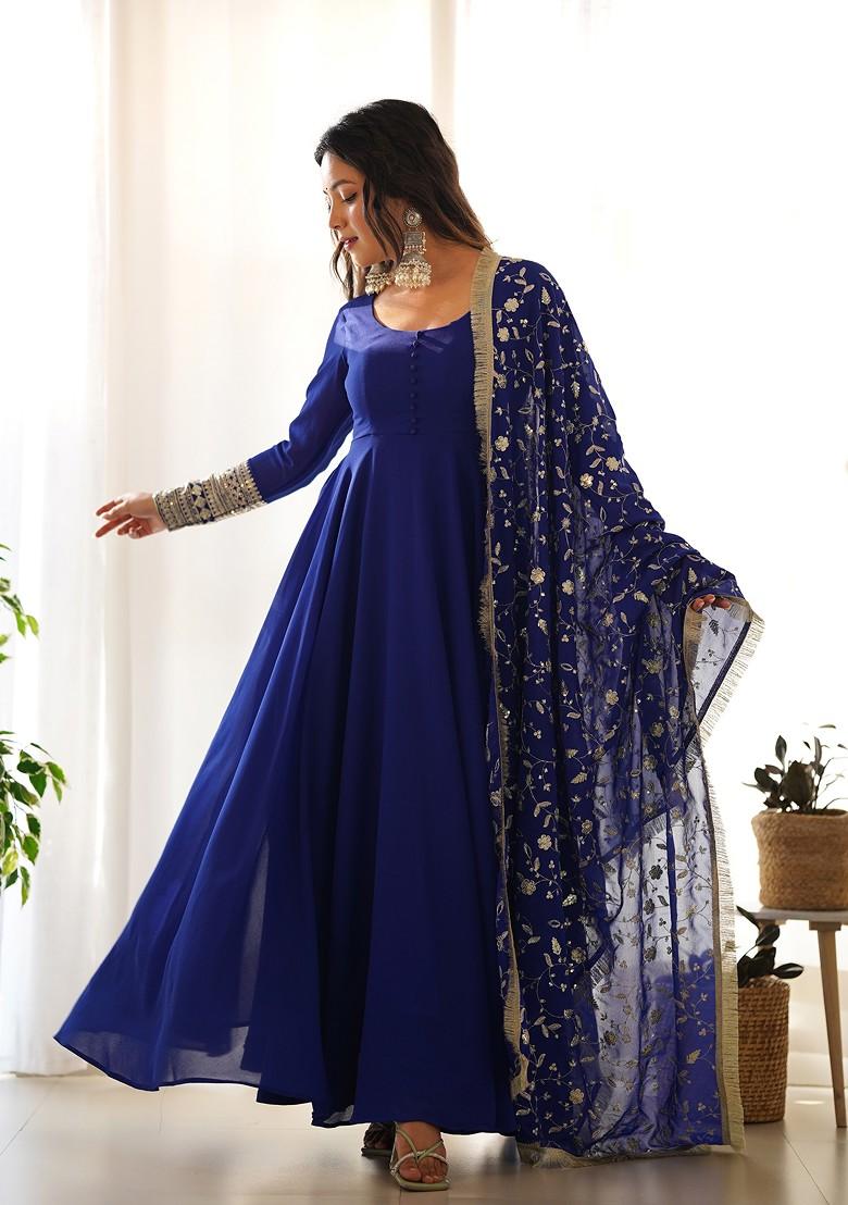 Royal Blue Solid Faux Georgette Kurta Set