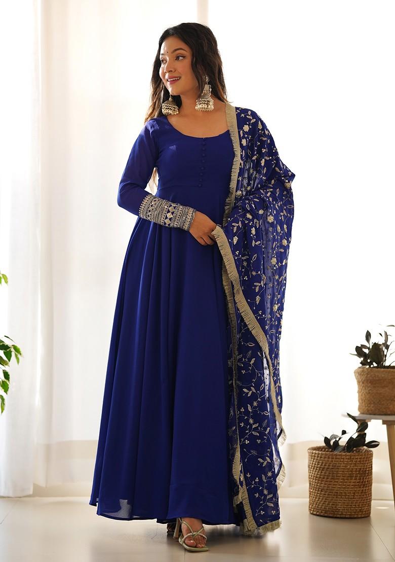 Royal Blue Solid Faux Georgette Kurta Set