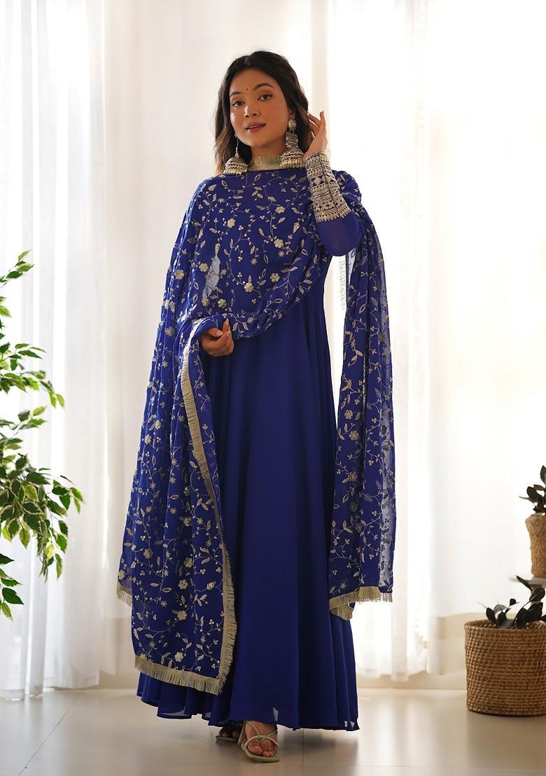 Royal Blue Solid Faux Georgette Kurta Set