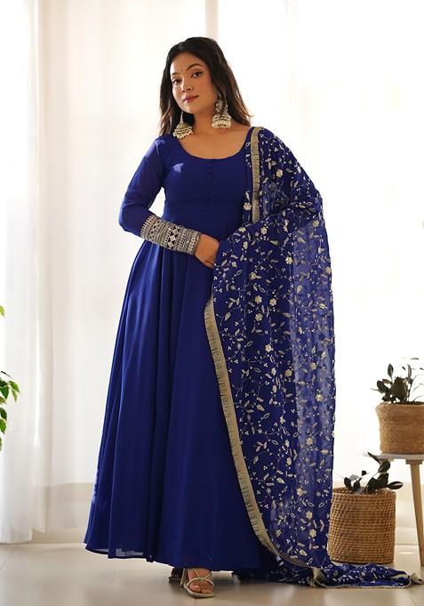 Royal Blue Solid Faux Georgette Kurta Set