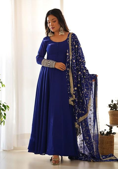 Royal Blue Solid Faux Georgette Kurta Set