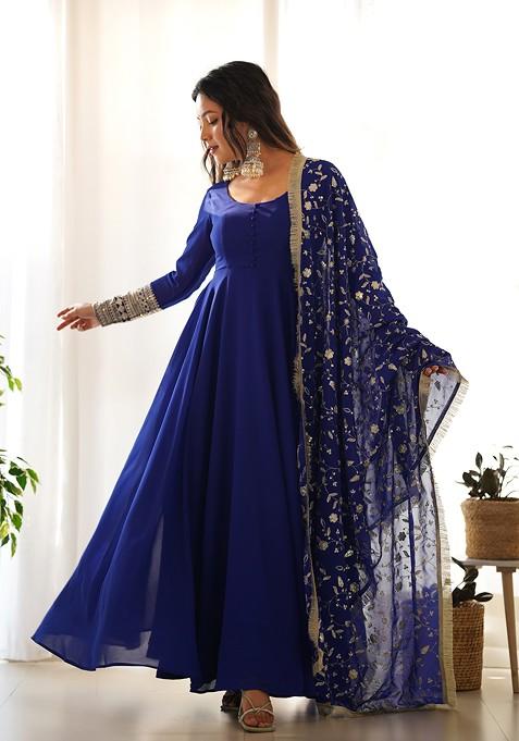 Royal Blue Solid Faux Georgette Kurta Set