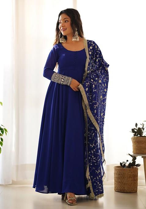 Royal Blue Solid Faux Georgette Kurta Set