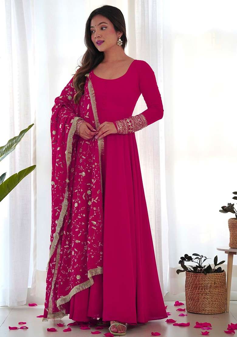 Rani Pink Embroidered Faux Blooming Anarkali Set - Indya