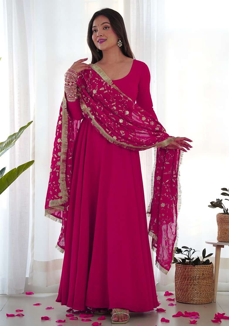 Rani Pink Embroidered Faux Blooming Anarkali Set - Indya