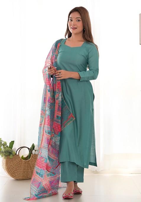 Sea Green Solid Pure Viscose Kurta Set