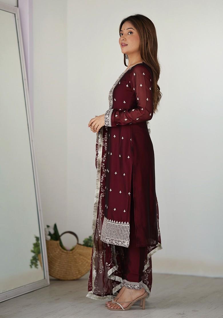 Maroon Embroidered Blooming Rangoli Silk Kurta Set - Indya