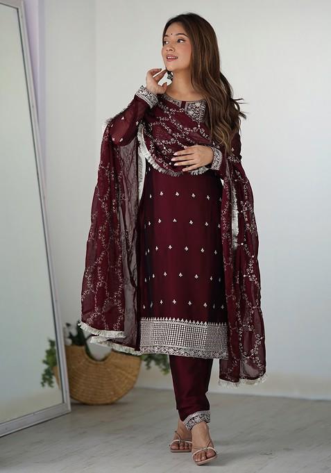 Maroon Embroidered Blooming Rangoli Silk Kurta Set