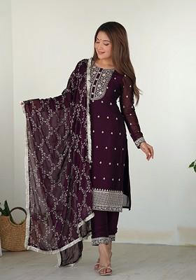Wine Embroidered Blooming Rangoli Silk Kurta Set