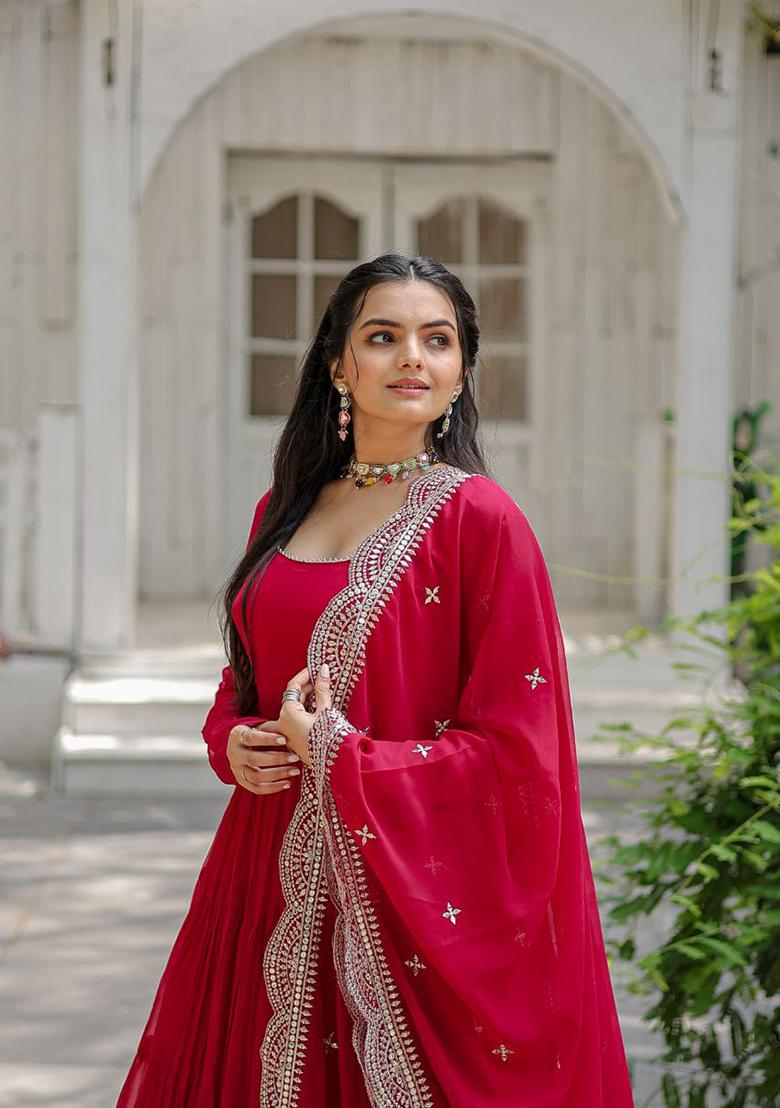 Rani Pink Embroidered Faux Blooming Gown With Dupatta