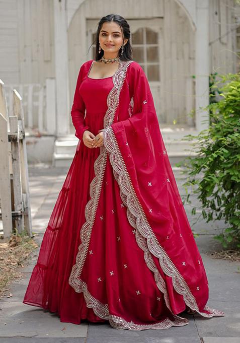 Rani Pink Embroidered Faux Blooming Gown With Dupatta