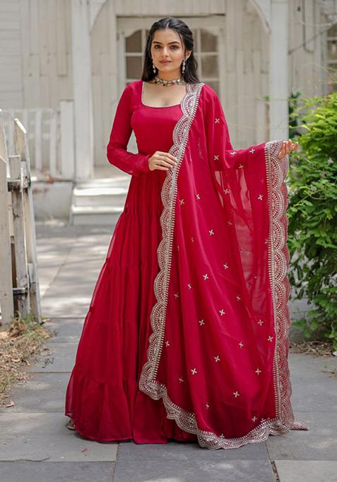 Rani Pink Silk Embroidered Designer Gown with Jacket