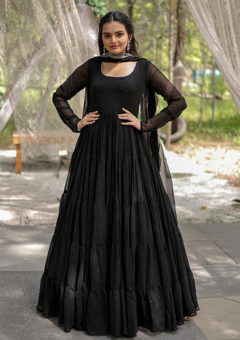 Black Embroidered Faux Blooming Gown With Dupatta