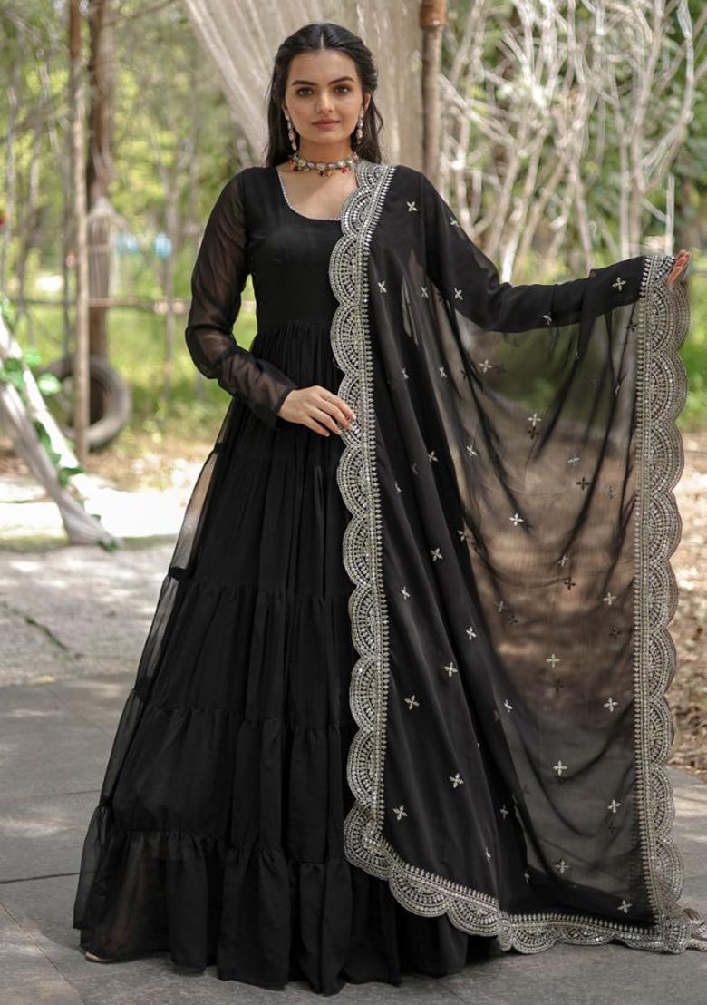 Black Embroidered Faux Blooming Gown With Dupatta