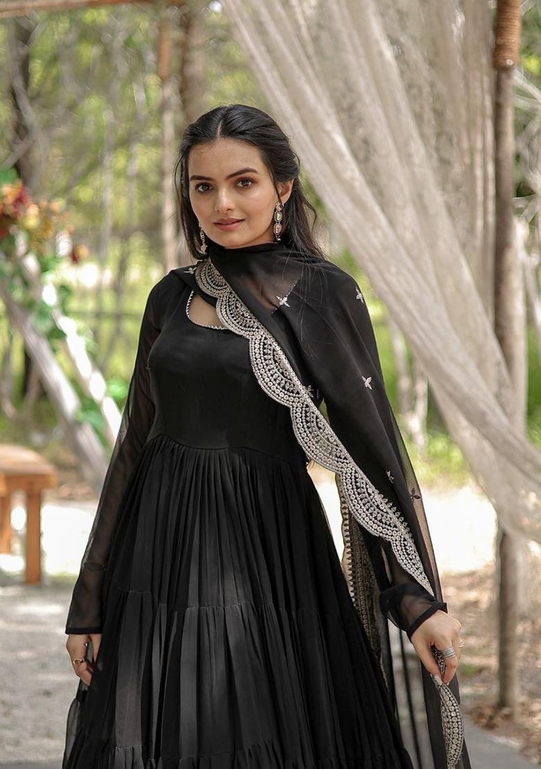 Black Embroidered Faux Blooming Gown With Dupatta