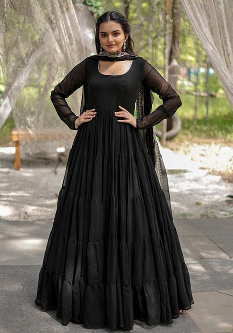 Black Embroidered Faux Blooming Gown With Dupatta