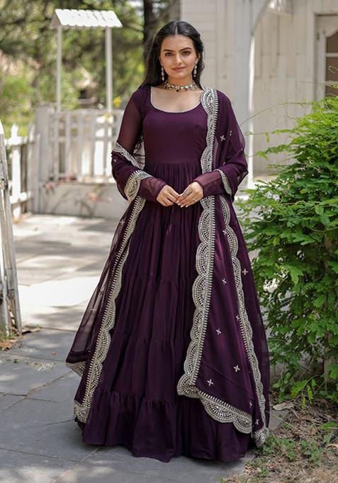 Wine Embroidered Faux Blooming Gown With Dupatta