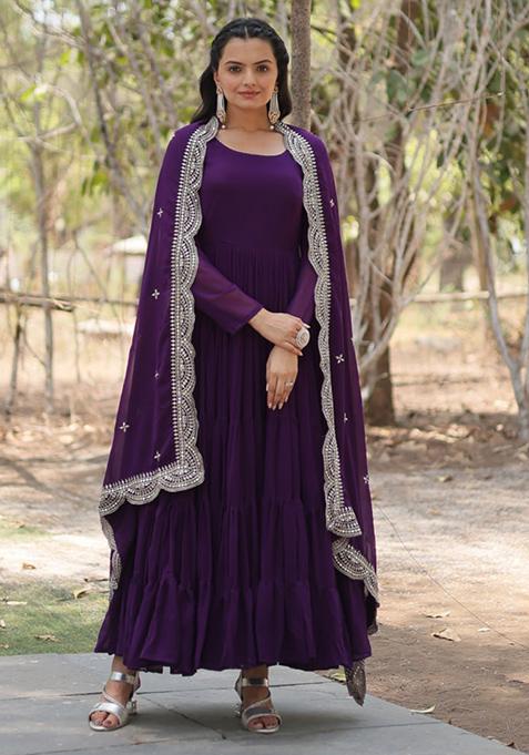 Purple Embroidered Faux Blooming Gown With Dupatta