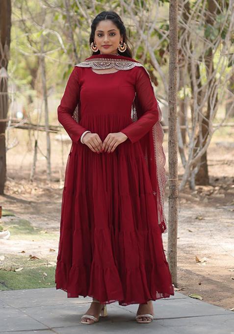 Maroon Embroidered Faux Blooming Gown With Dupatta