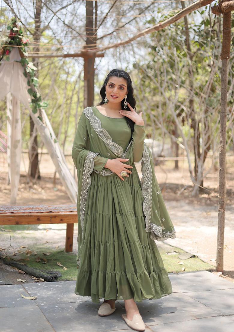Mehendi Green Embroidered Faux Blooming Gown With Dupatta