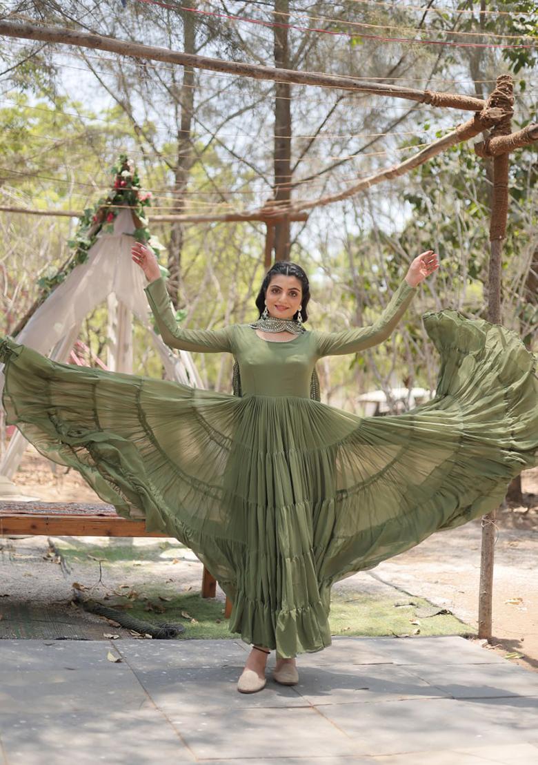 Mehendi Green Embroidered Faux Blooming Gown With Dupatta