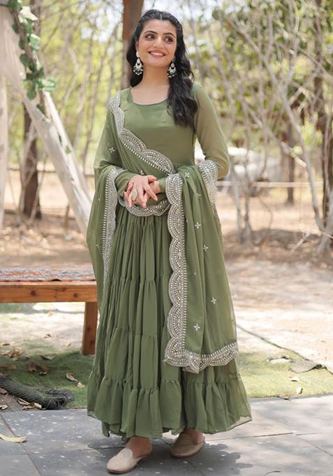 Mehendi Green Embroidered Faux Blooming Gown With Dupatta