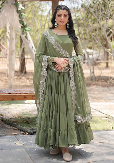 Mehendi Green Embroidered Faux Blooming Gown With Dupatta