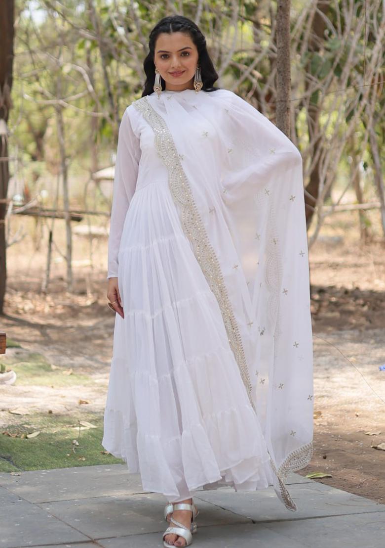 White Embroidered Faux Blooming Gown With Dupatta