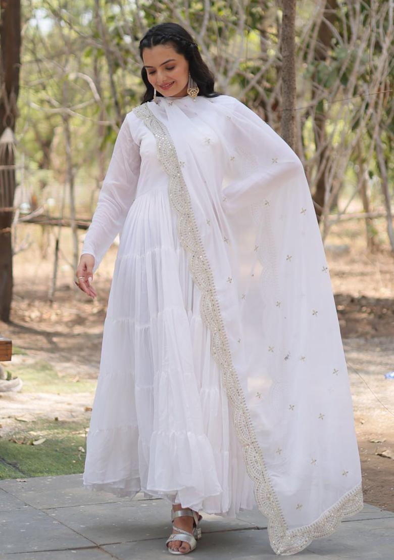 White Embroidered Faux Blooming Gown With Dupatta