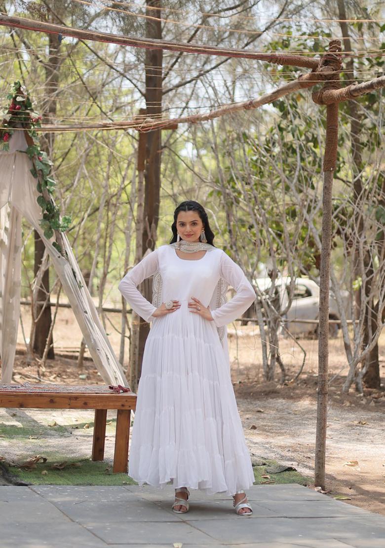 White Embroidered Faux Blooming Gown With Dupatta
