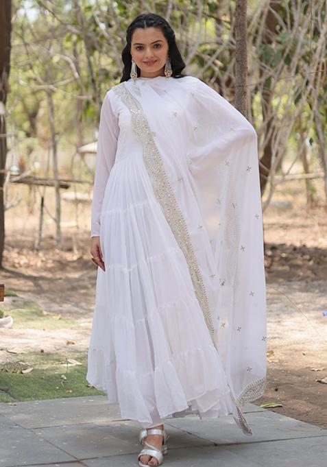 White Embroidered Faux Blooming Gown With Dupatta