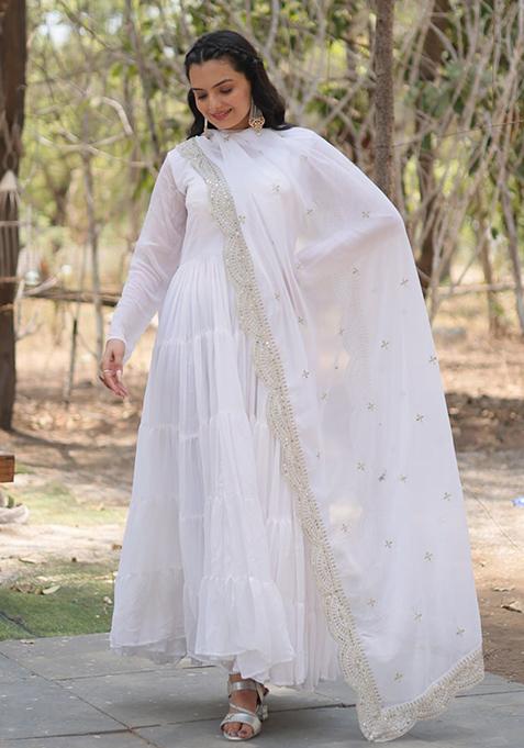 White Embroidered Faux Blooming Gown With Dupatta