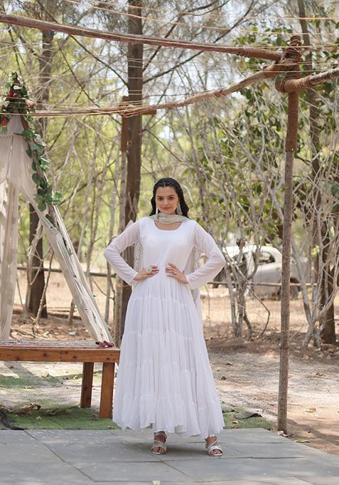 White Embroidered Faux Blooming Gown With Dupatta