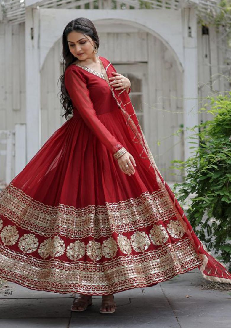 Maroon Sequin Embroidered Faux Blooming Gown With Dupatta