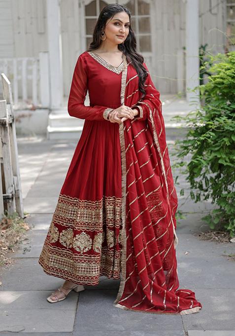 Maroon Sequin Embroidered Faux Blooming Gown With Dupatta