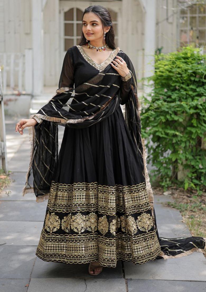 Black Sequin Embroidered Faux Blooming Gown With Dupatta