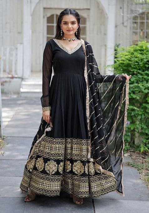 Black Sequin Embroidered Faux Blooming Gown With Dupatta