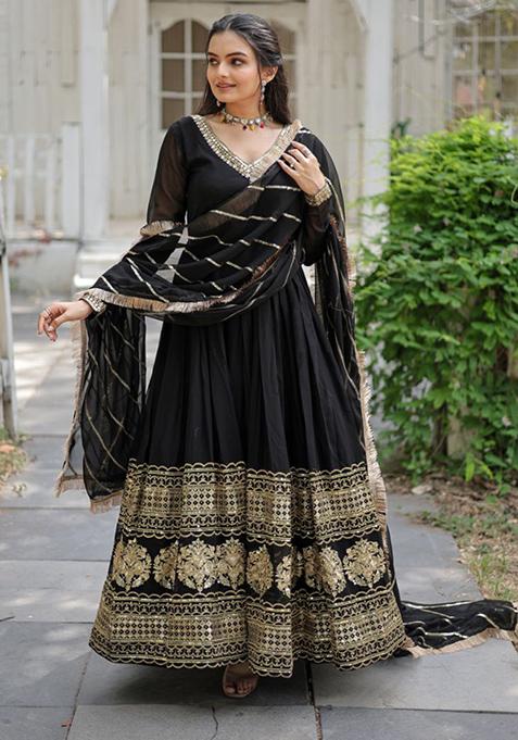 Black Sequin Embroidered Faux Blooming Gown With Dupatta