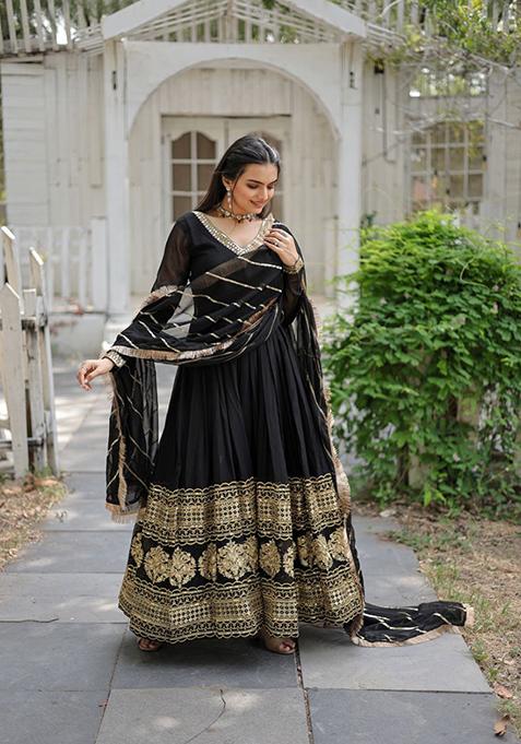 Black Sequin Embroidered Faux Blooming Gown With Dupatta