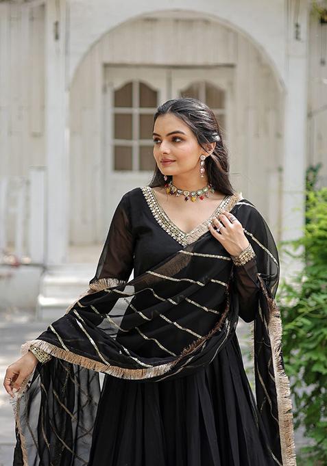 Black Sequin Embroidered Faux Blooming Gown With Dupatta