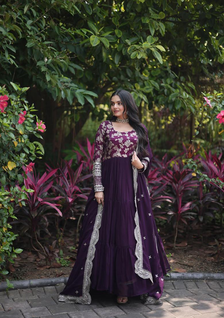 Wine Sequin Embroidered Faux Blooming Gown With Dupatta
